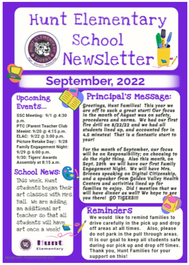 September Newsletter 2022:  Sent home with students today