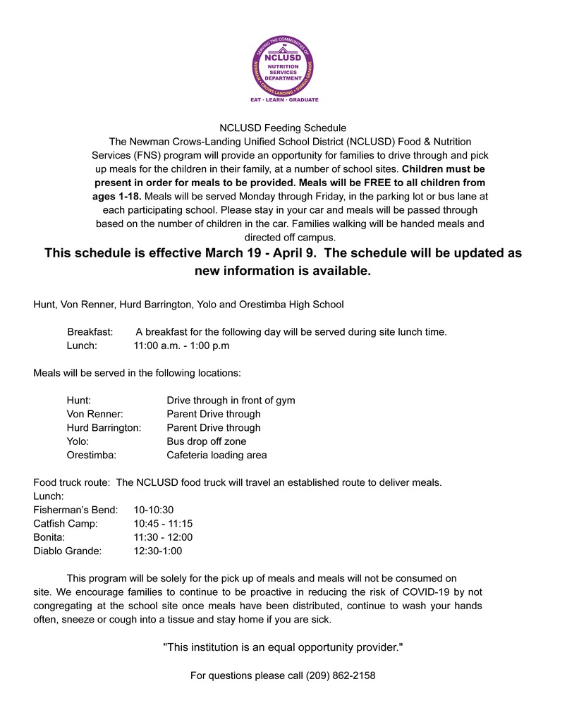 NCLUSD School Closure Meal Schedules