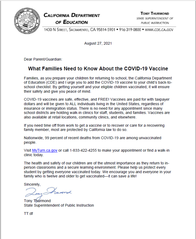 CDE Letter - COVID-19 Vaccine