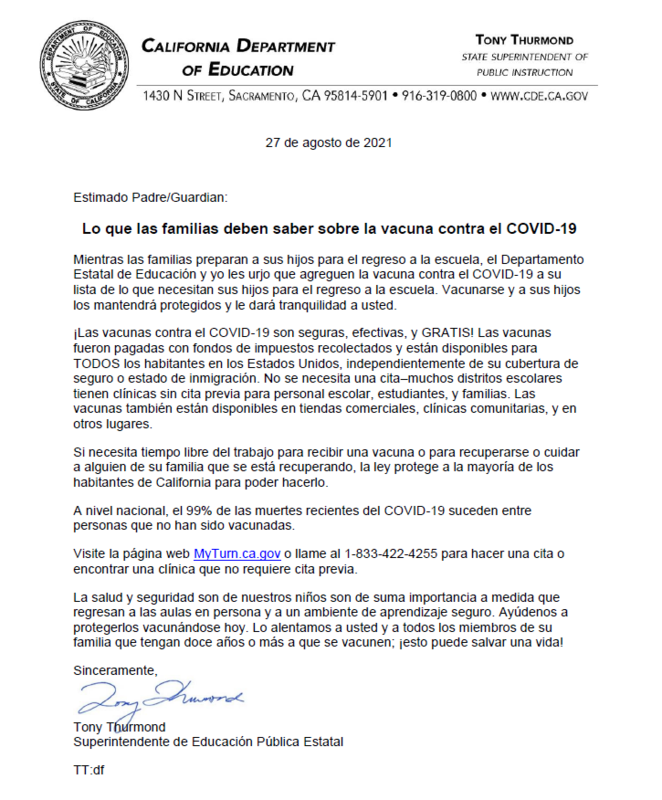 CDE Letter - COVID-19 Vaccine Spanish