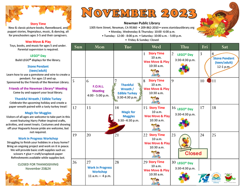 Newman Library November 2023 Calendar - link to PDF